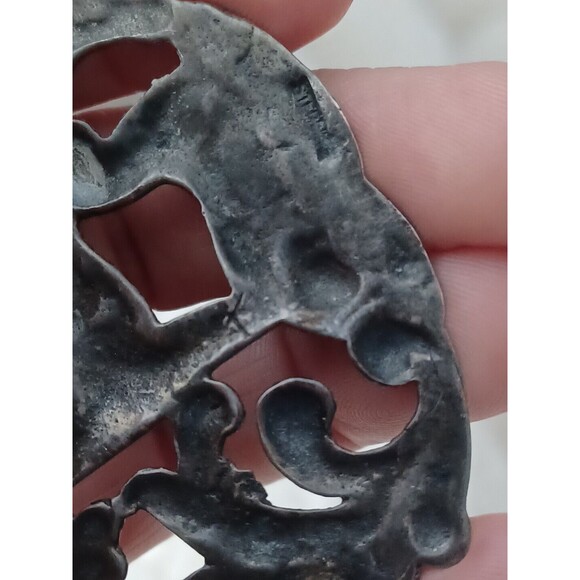 Vintage Nouveau Two Deer Pair Scrolling Foliage Signed Sterling Silver Brooch - Picture 5 of 7